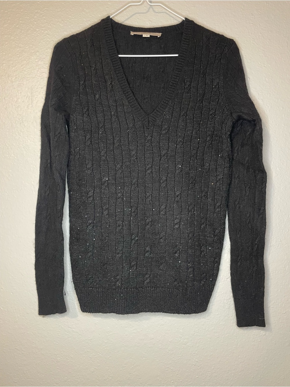 LOFT Sequin Y2K V-Neck Cable Knit Sweater